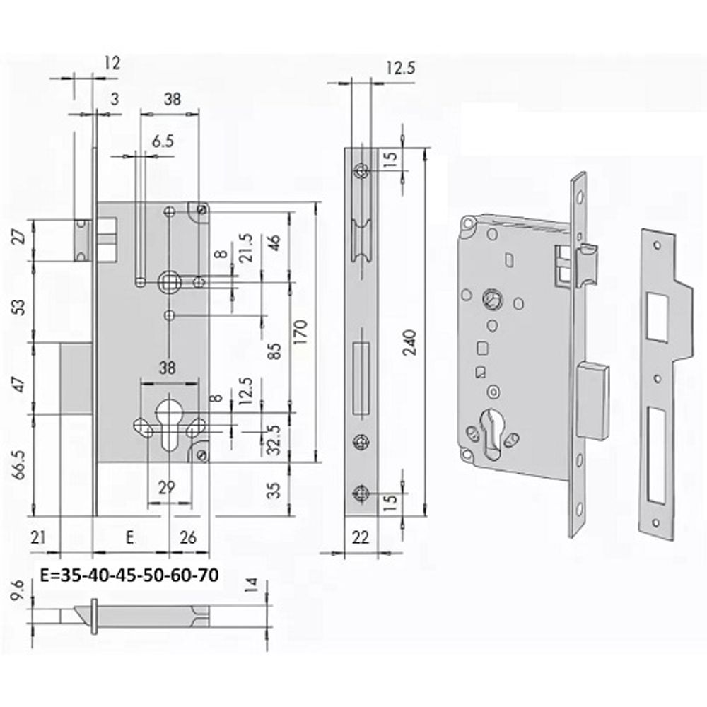 Корпус врезного замка CISA 5C.110.60 (с отв. планкой) /13523/