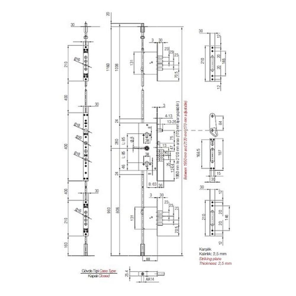Замок врезной цилиндровый KALE KILIT мультисистемный 256 с тягами
