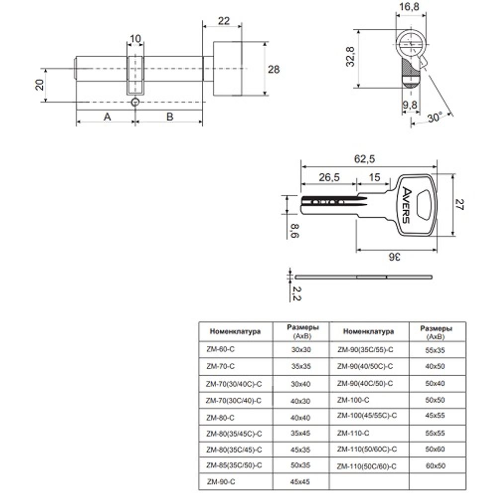 Цилиндровый механизм с вертушкой AVERS ZM-90(35C/55)-C-CR хром 5кл.