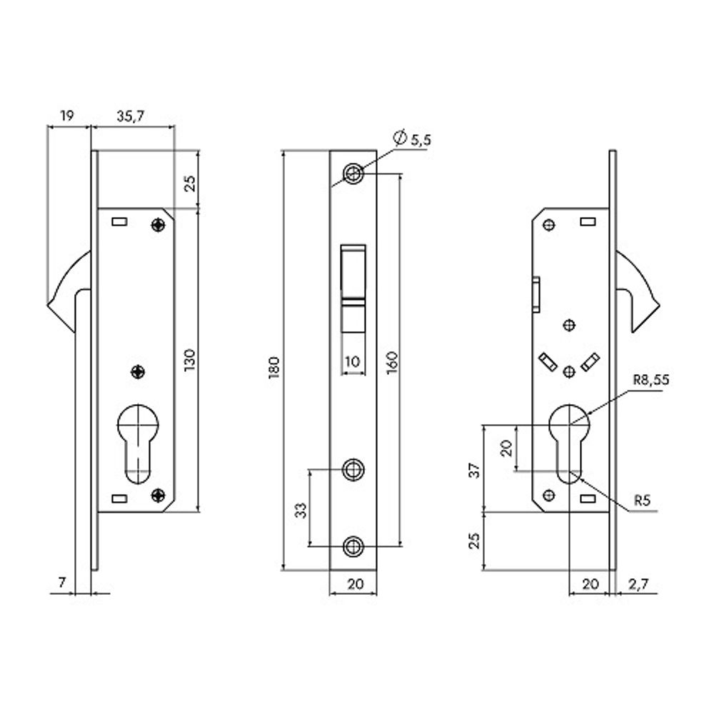 Эскиз с размерами замка PUNTO LR-201C