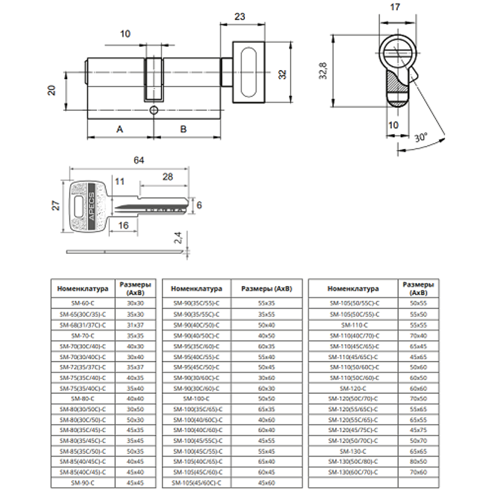 Цилиндровый механизм с вертушкой APECS SM-70-C BLM матовый черный
