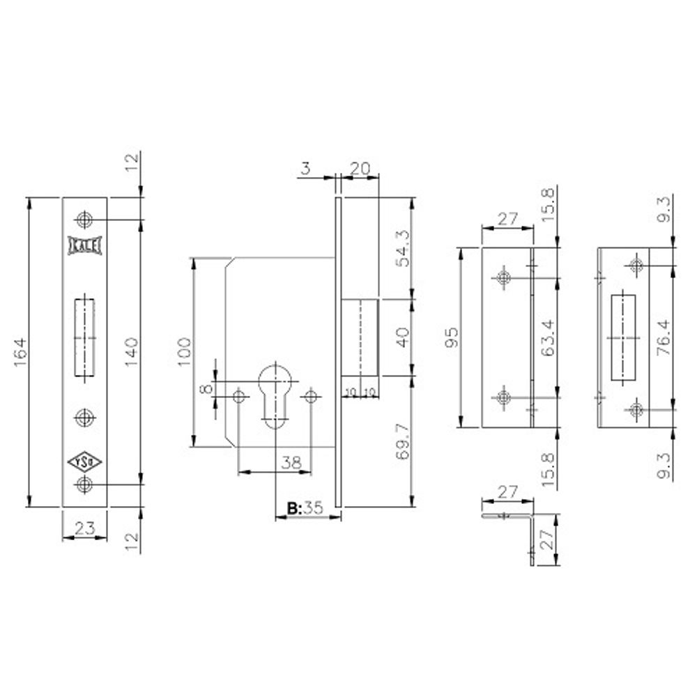 Корпус замка KALE KILIT 157 (35мм) w/b латунь /1090/