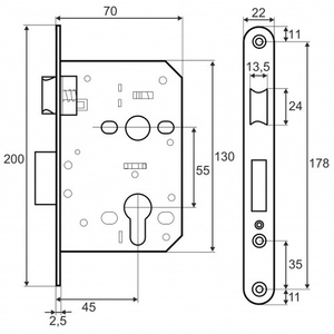 Замок врезной VЕTTORE 968-45 CP хром