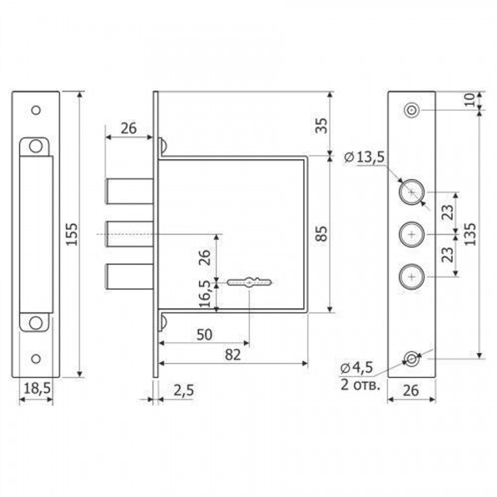 Замок врезной ГАРДИАН ЗВ 10.01 (4кл) (с отв. планкой и накладкой) /35013/