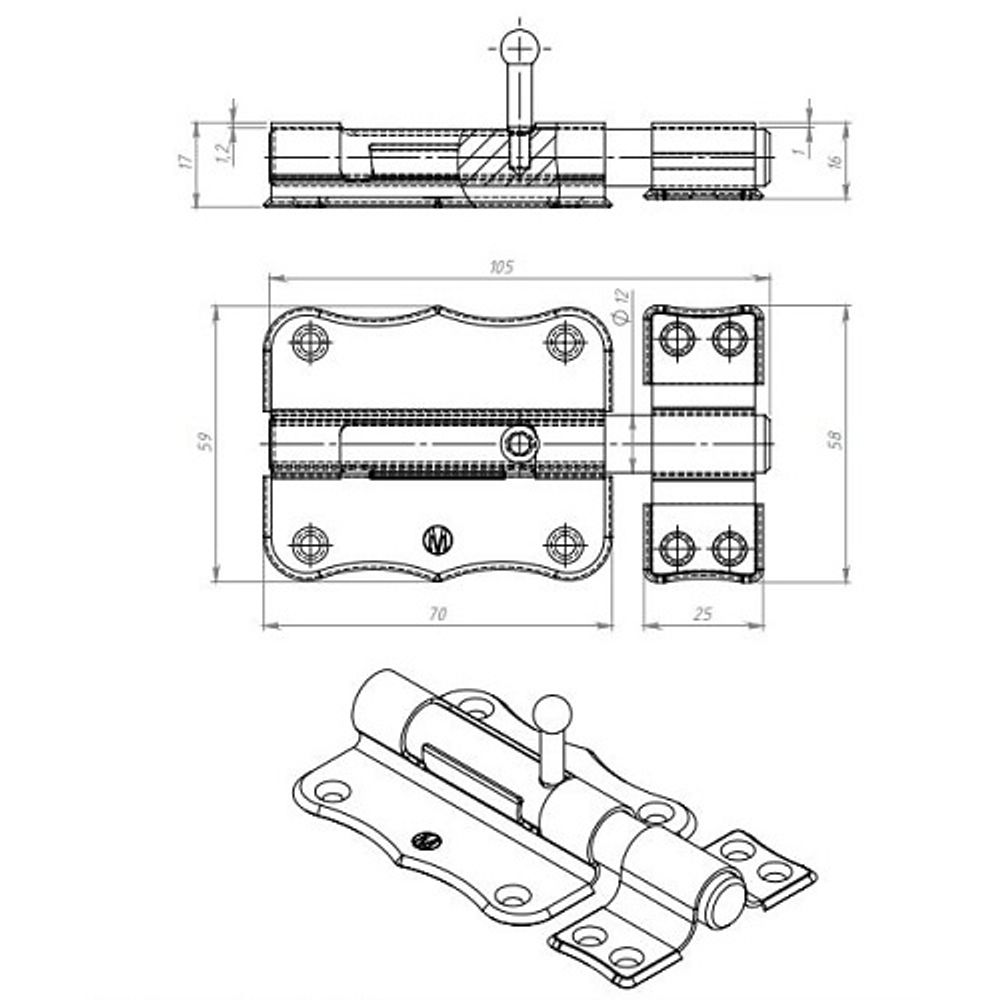 Задвижка накладная КУНГУР ЗТ2-70 полимер. коричневый (30) мт (1шт)