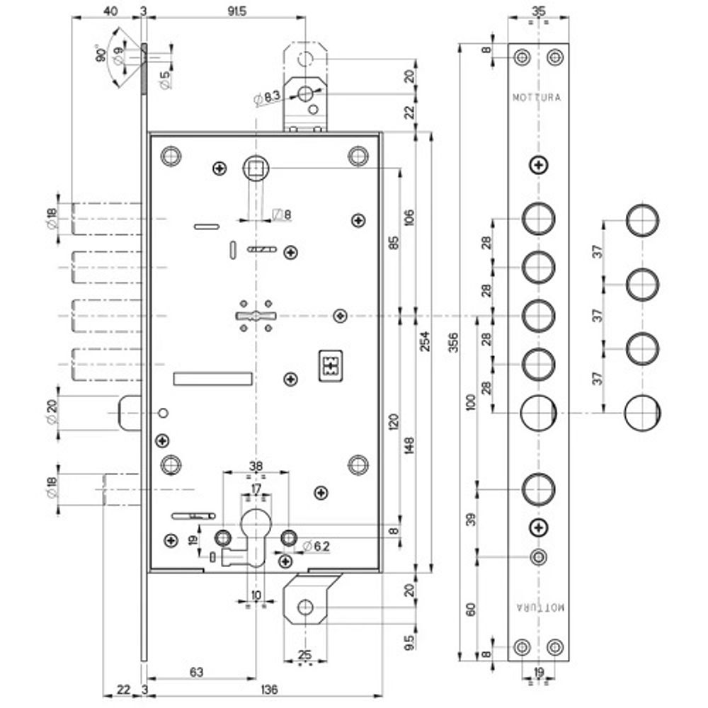 Замок врезной двухсистемный MOTTURA 54.787, ключ 60 мм /30815/