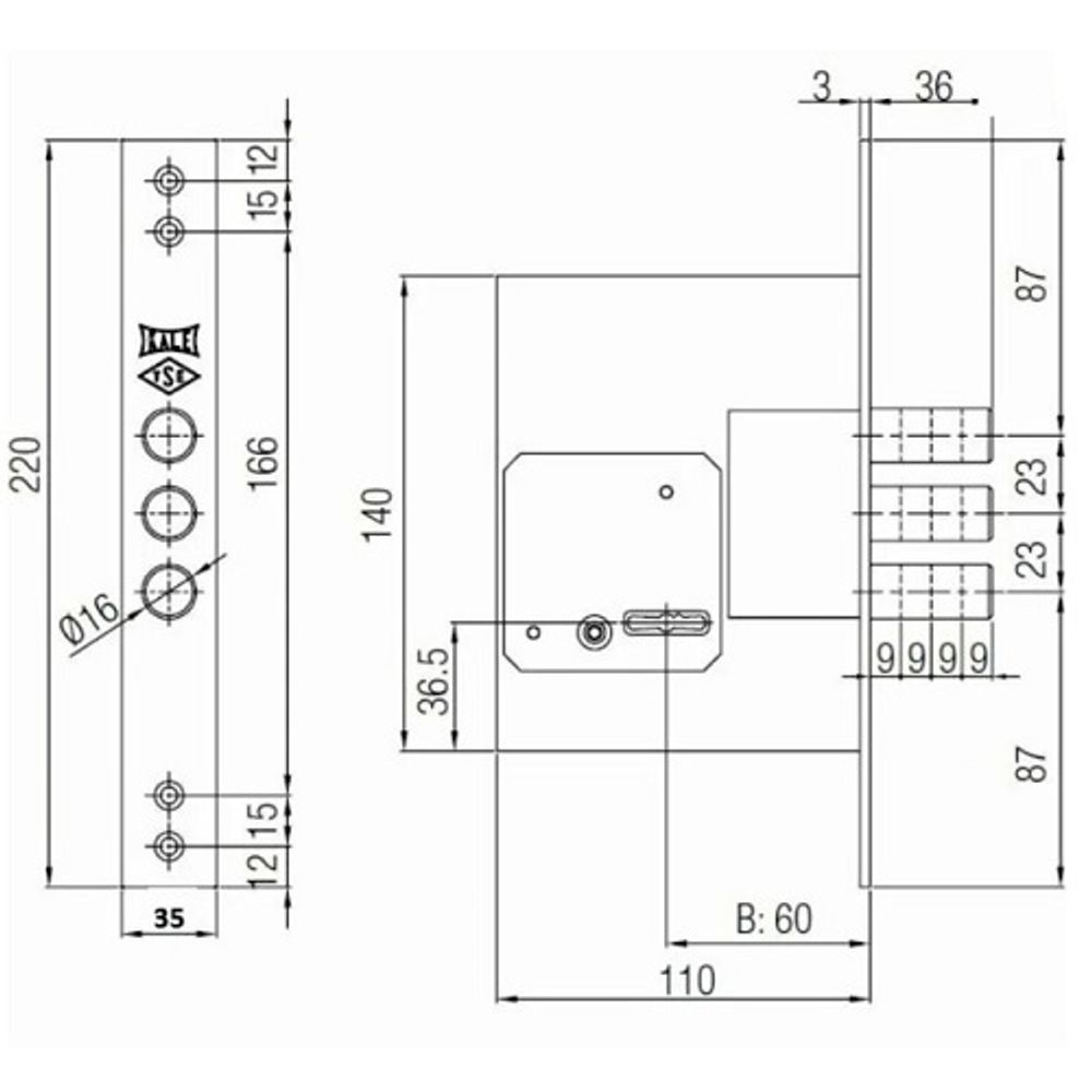 Замок врезной сувальдный KALE KILIT 257/L (шир.пл. 35мм, ключ 60мм) 5кл.