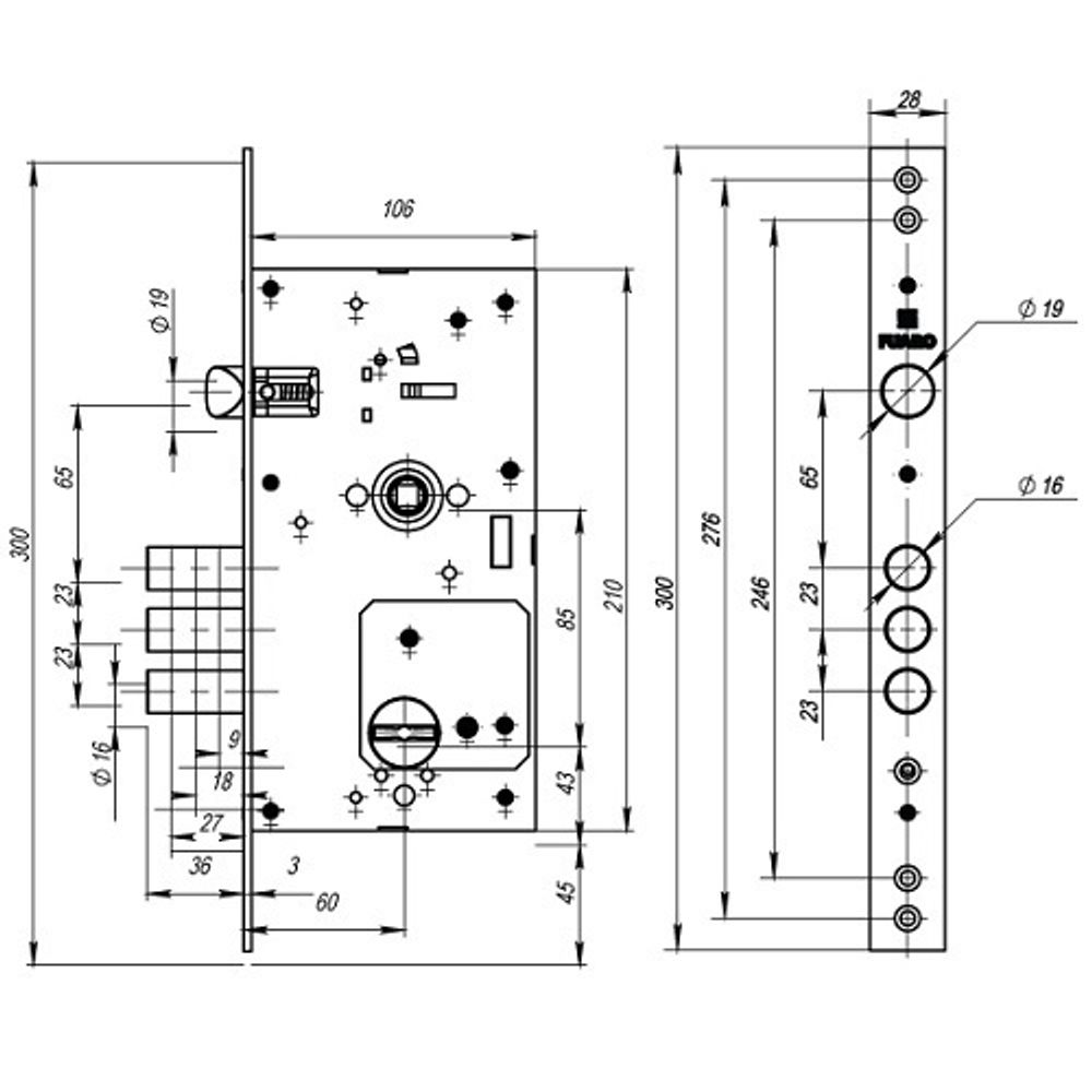 Замок врезной сувальдный FUARO TERMO V25/S-60.85.3R16 /48749/