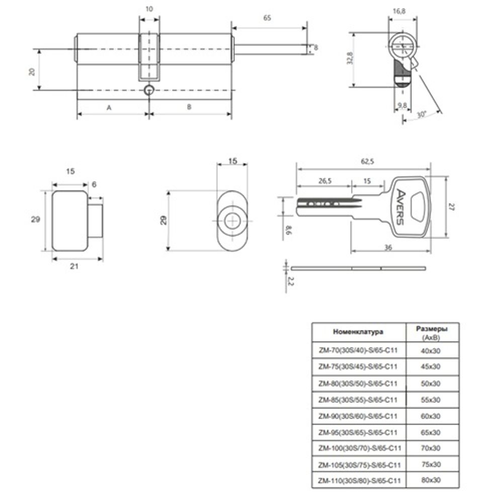 Цилиндровый механизм со штоком AVERS ZM-105 (30S/75)-S/65-C11 BLM черный 5кл.