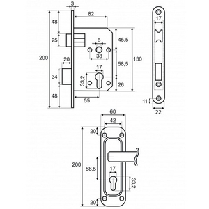 Замок врезной VETTORE 1423 AB бронза
