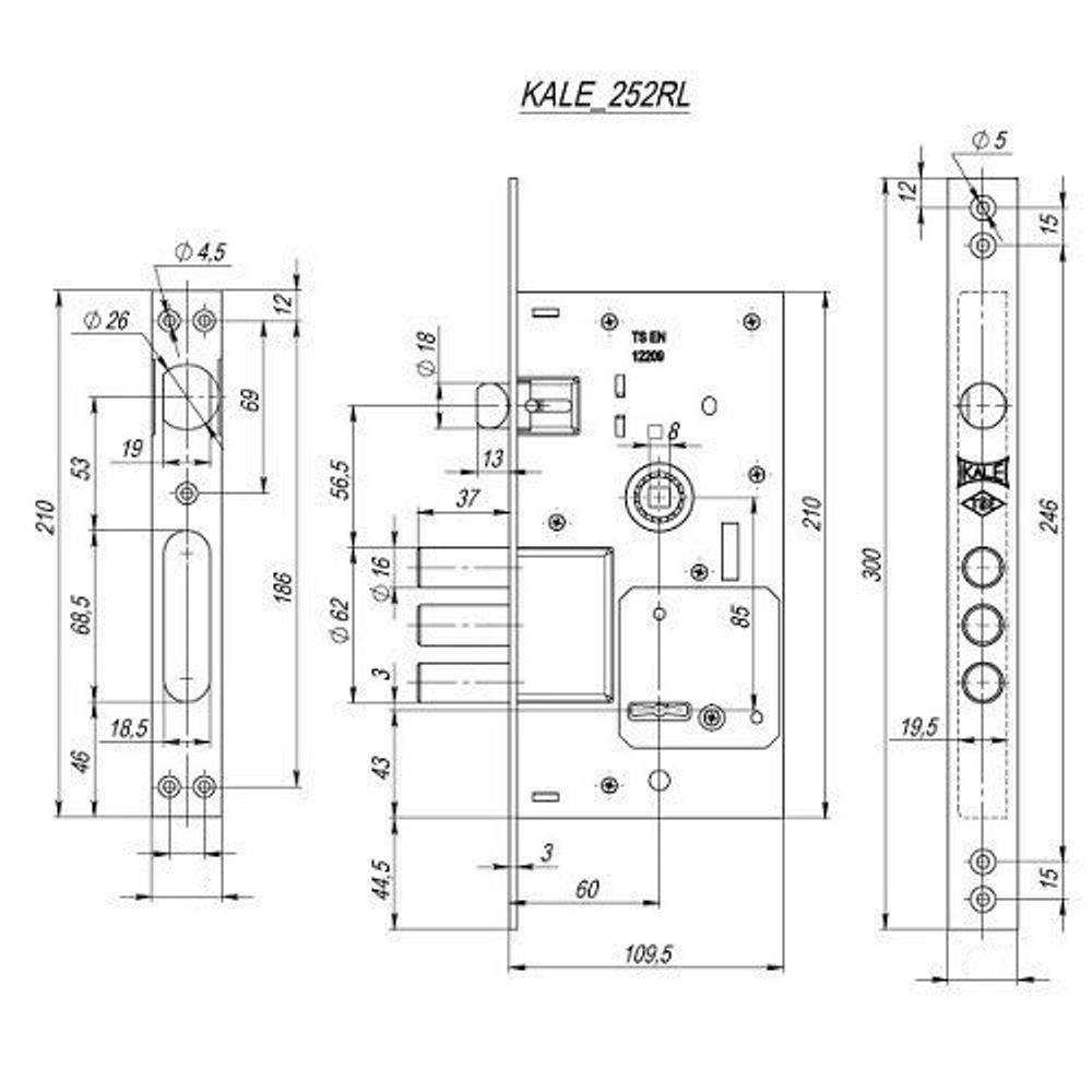 Замок врезной сувальдный KALE KILIT 252/RL (шир.пл. 35мм, ключ 75мм) 5кл.