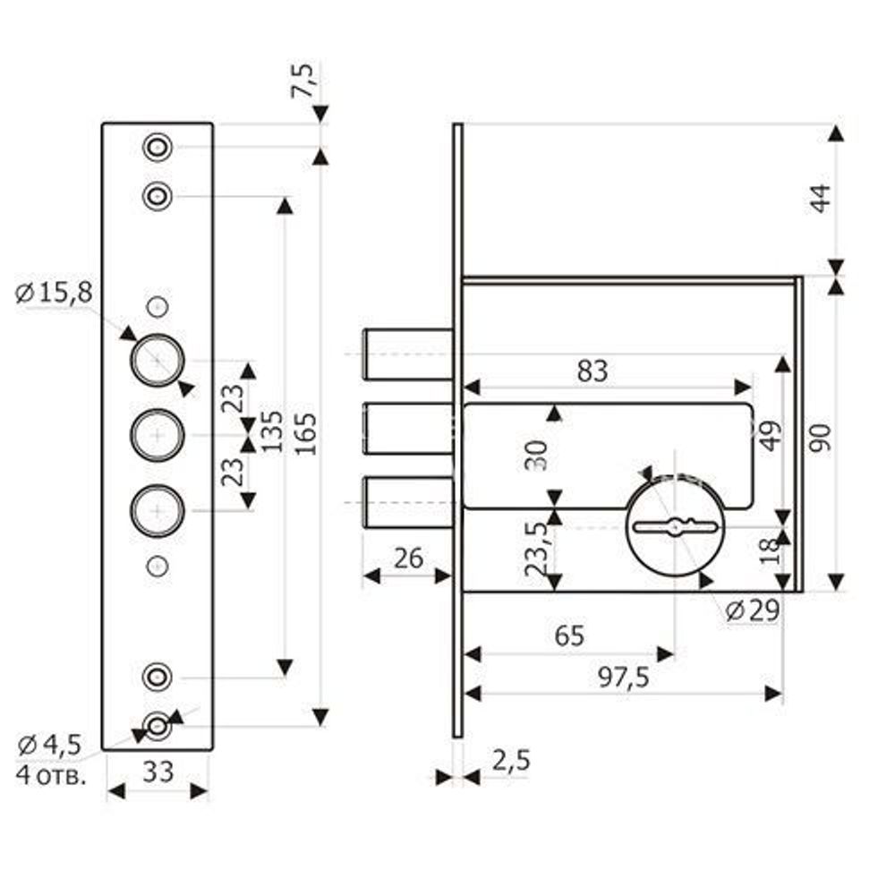 Замок врезной ГАРДИАН ЗВ 50.01 (4 кл. ЗК.503 Н-01) длинный ключ 59мм /36595/