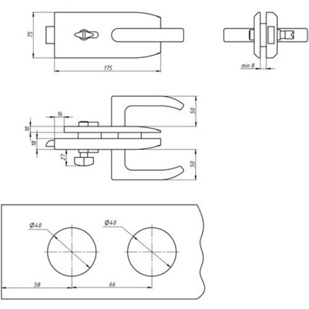 Замок с нажимной ручкой и притвором 122-096-4 SS нержавейка