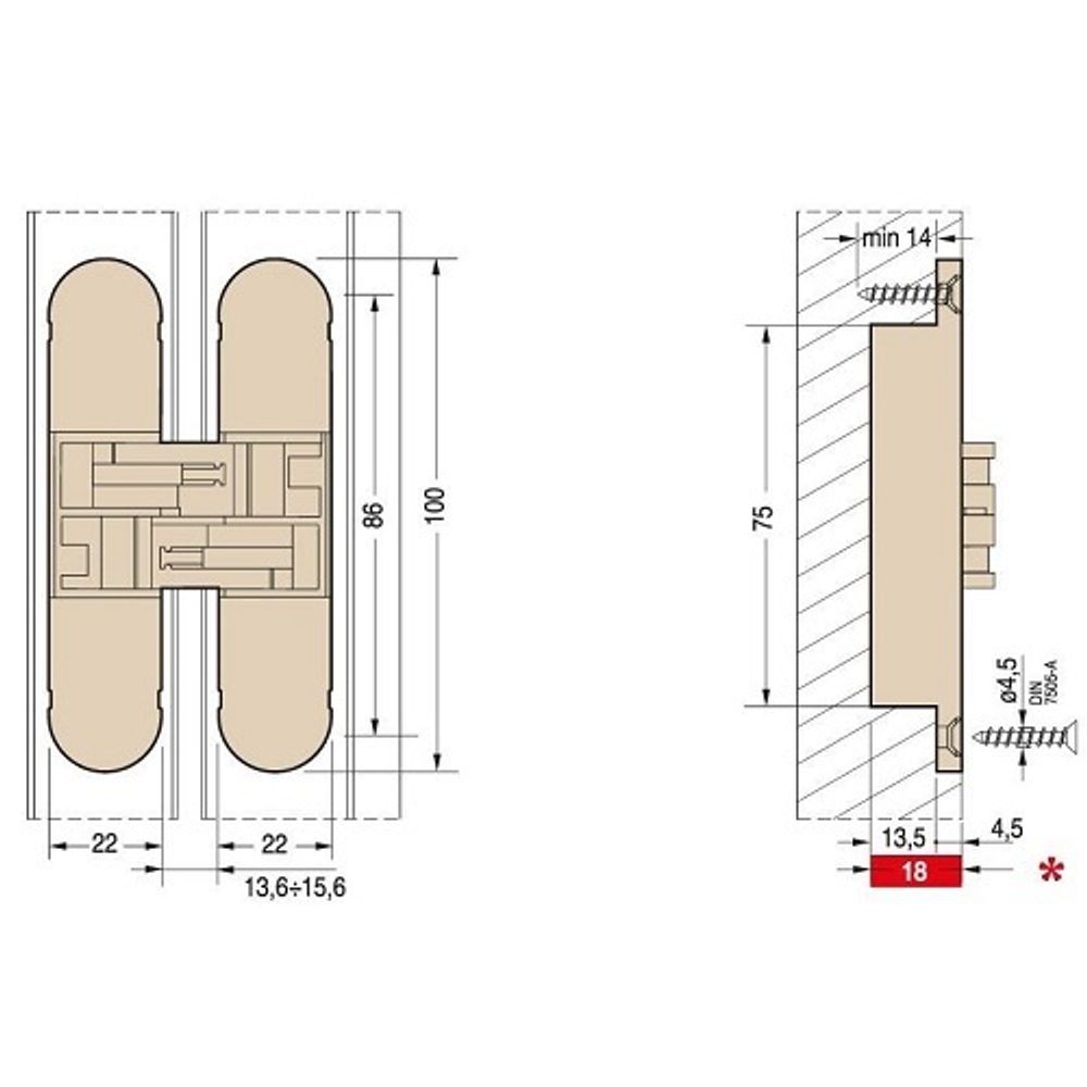 Петля скрытой установки регулируемая CEAM 1129 (100x22мм) COP матовый хром  (1 шт)