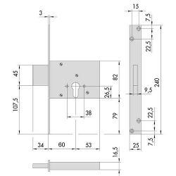 Чертеж с размерами врезного замка CISA 56.013.60