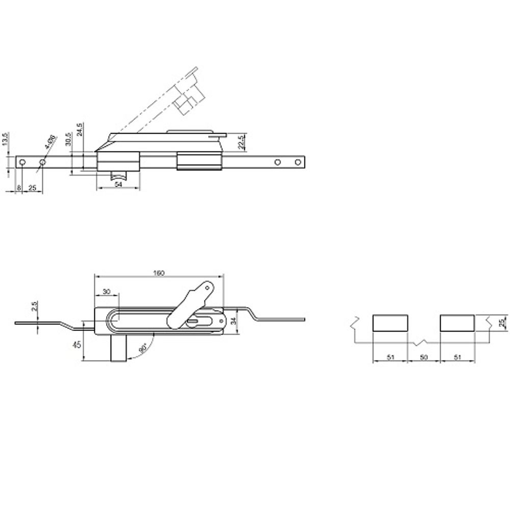 Замок мебельный MS-1848-3KA/P (ригель изогнутый на 8мм, трехгранный ключ)