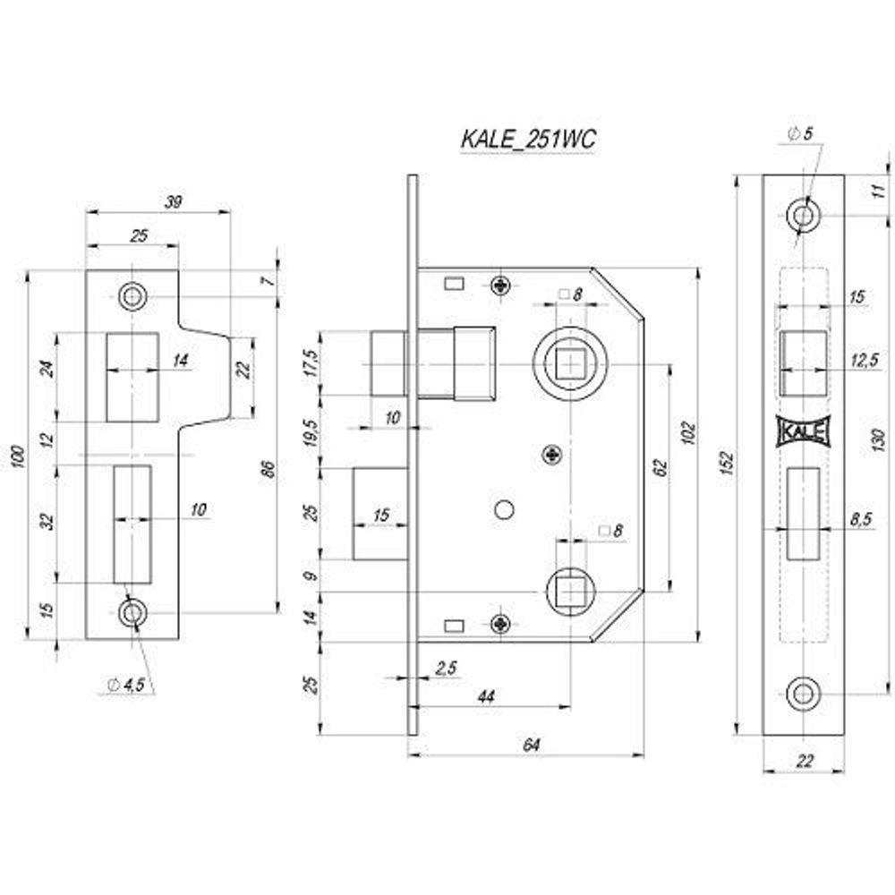 Защелка врезная KALE KILIT 251 WC 44мм латунь /1096/