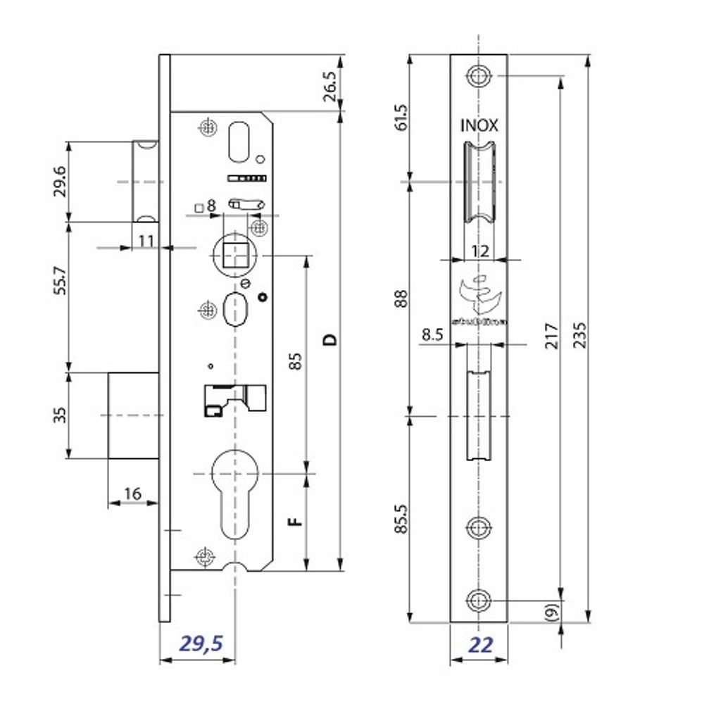 Корпус замка STUBLINA 3021.00 INOX E=30мм м/о 85мм