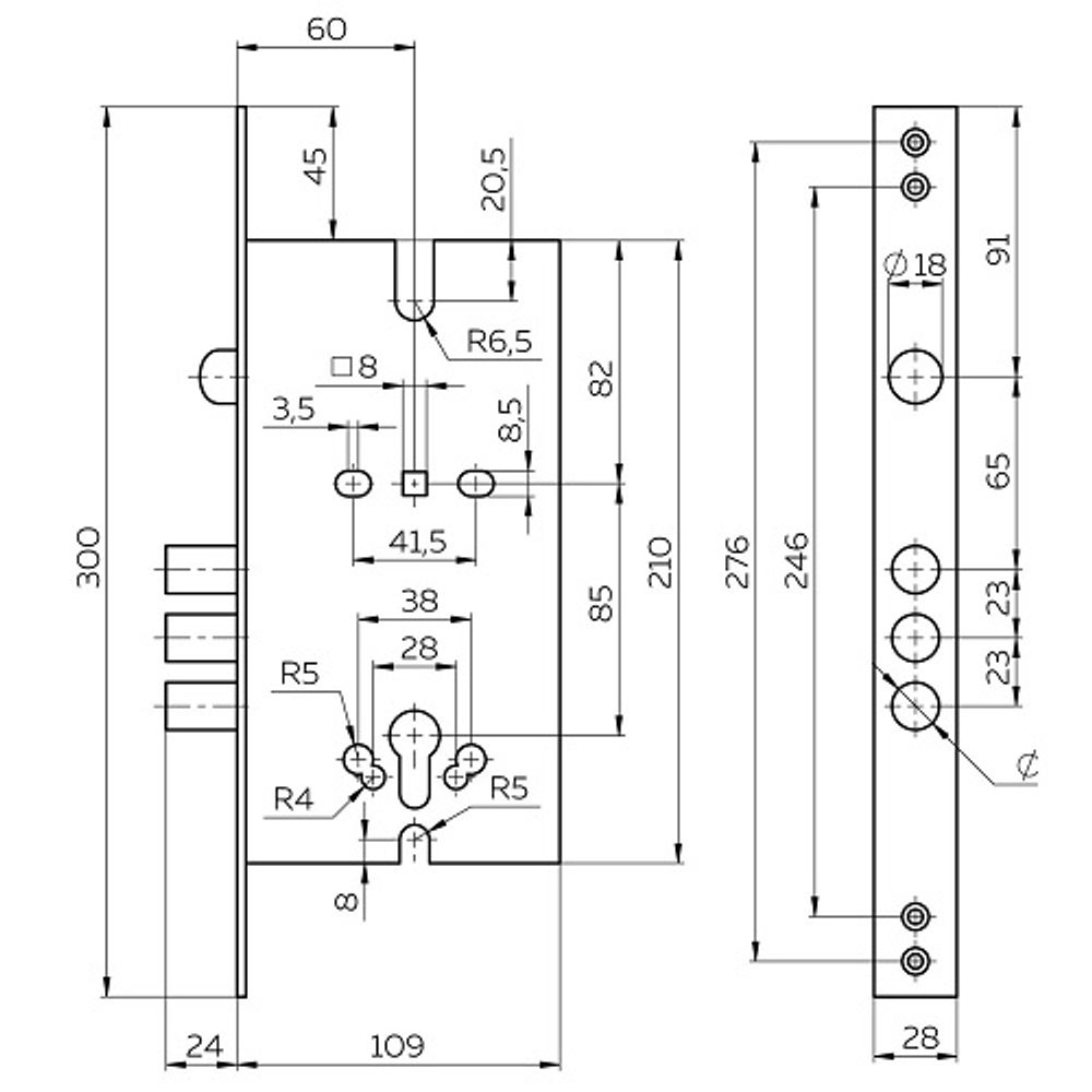 Корпус врезного замка FUARO V25/C-60.85.3R16 полуавтоматический /63227/
