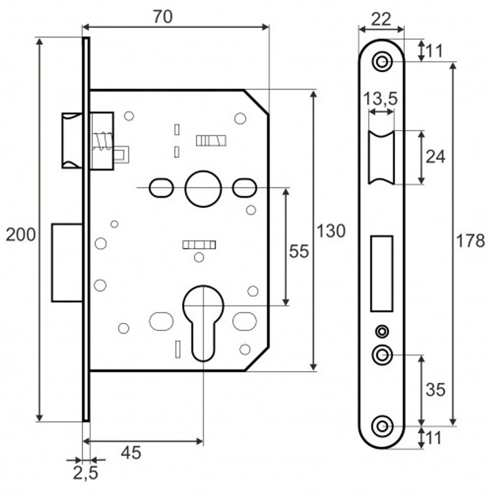 Замок врезной VЕTTORE 968-45 CP хром