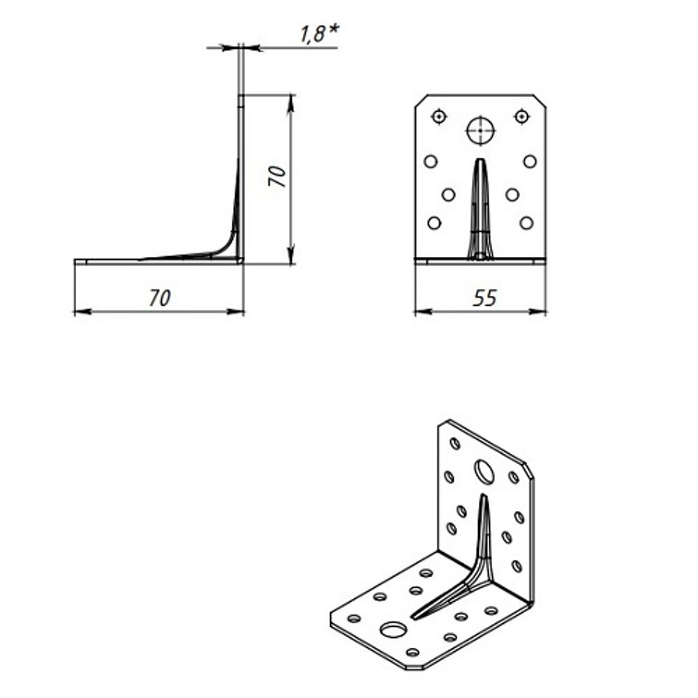 Уголок крепежный КУНГУР 70х70х55х2,0 усил.ГОЦ (1 шт)