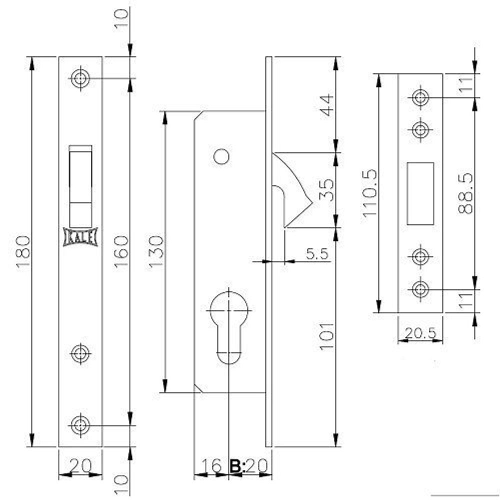 Замок врезной KALE KILIT 201 (20мм) никель 3кл. /1093/