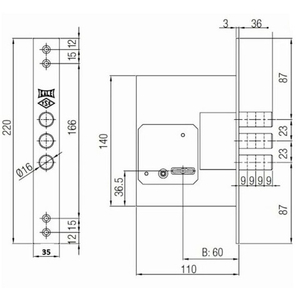 Замок врезной сувальдный KALE KILIT 257/L (шир.пл. 35мм, ключ 60мм) 5кл.