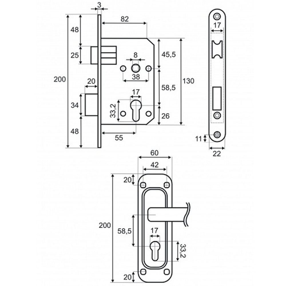 Замок врезной VETTORE 1423 AB бронза