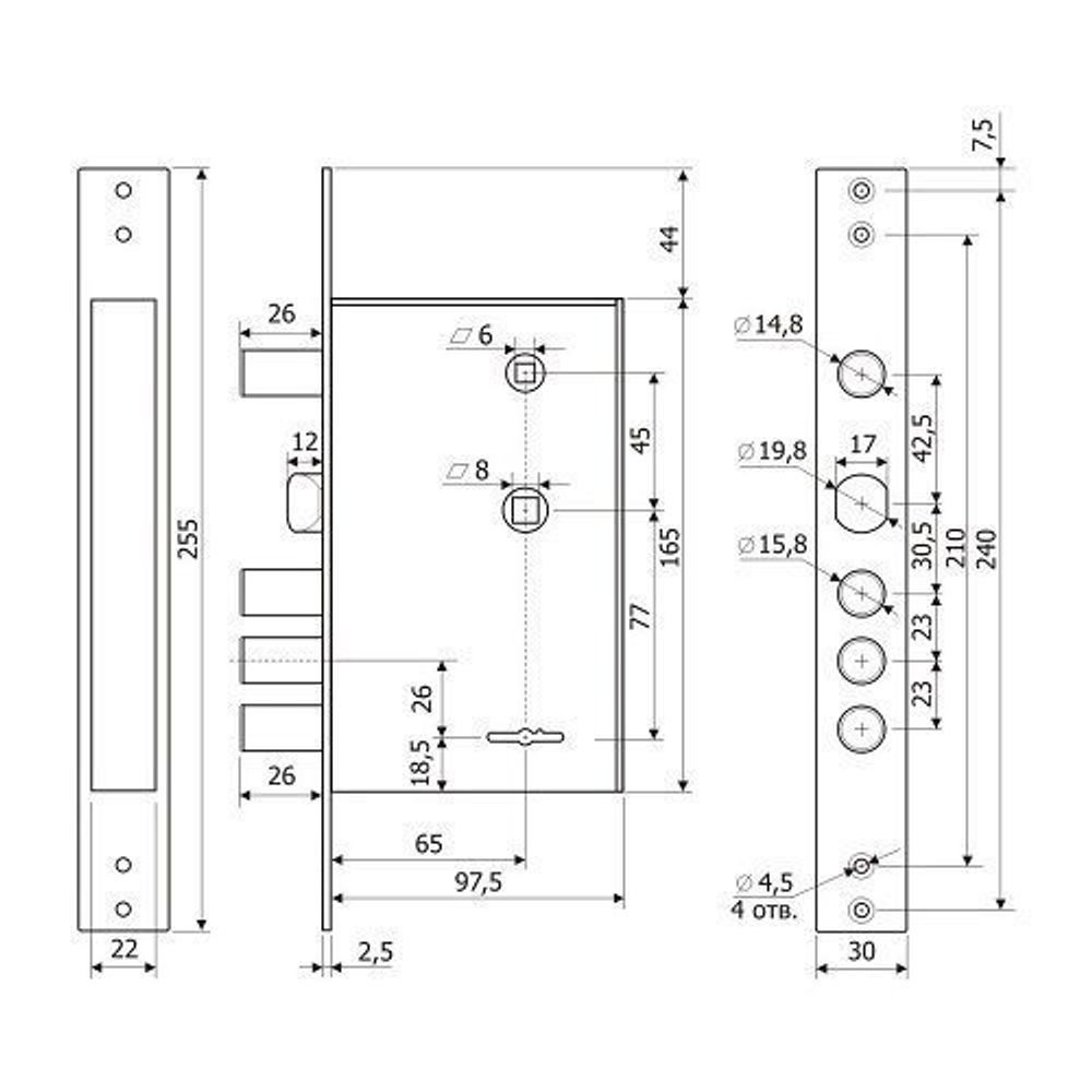 Замок врезной ГАРДИАН ЗВ 30.12 (4кл) (длинный кл. 59 мм) /35115/