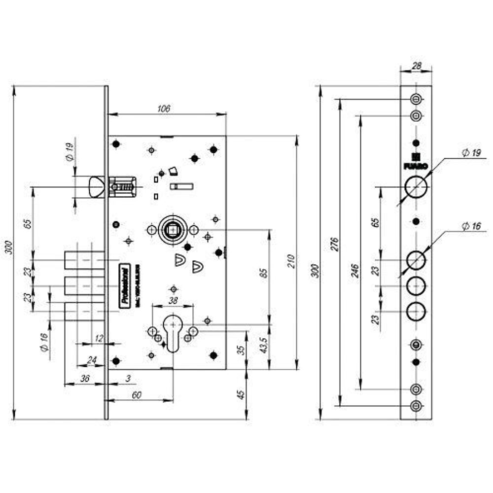 Размеры врезного замка FUARO V25/С-60.85.3R16