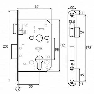 Замок врезной VЕTTORE 968-55 CP хром