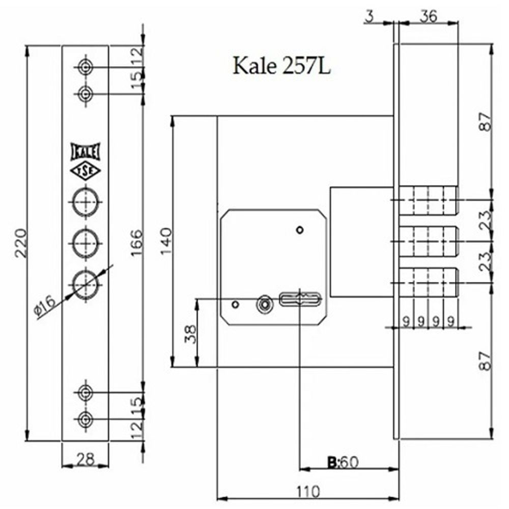 Замок врезной сувальдный KALE KILIT 257/L (ключ 60мм) 5кл. /40323/