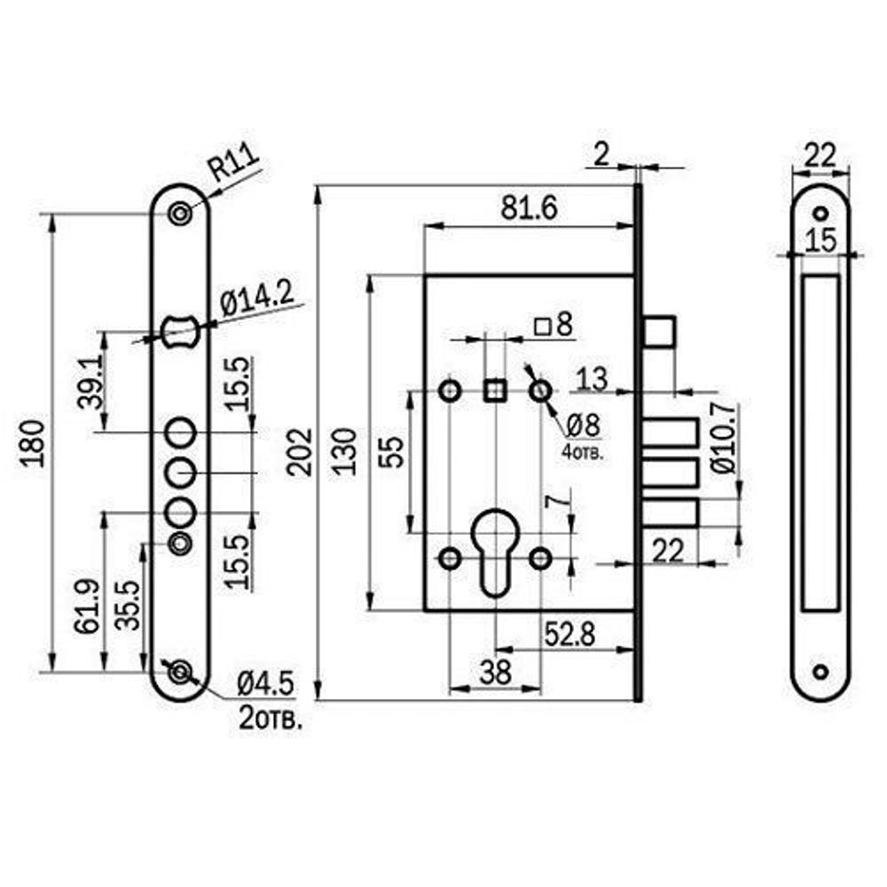 Замок врезной ПРОСАМ 78930 ЗВ4-31/55 3риг,без ц/м, без отв.планки