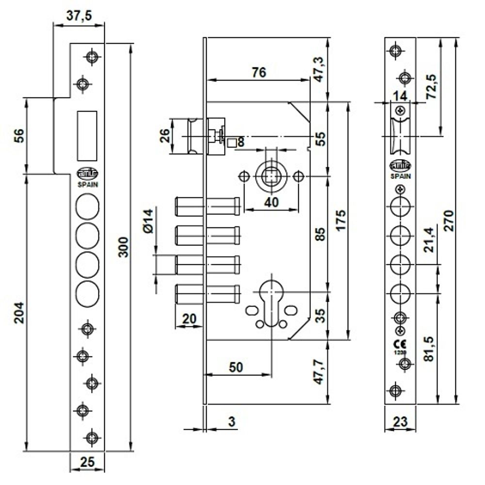 Замок врезной Amig 100-50 без цилиндра латунь