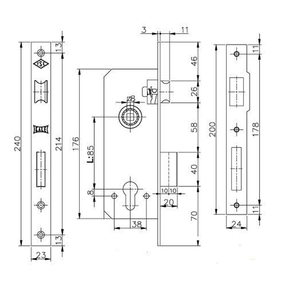 Корпус замка KALE KILIT 152/R (35мм) w/b латунь /1107/