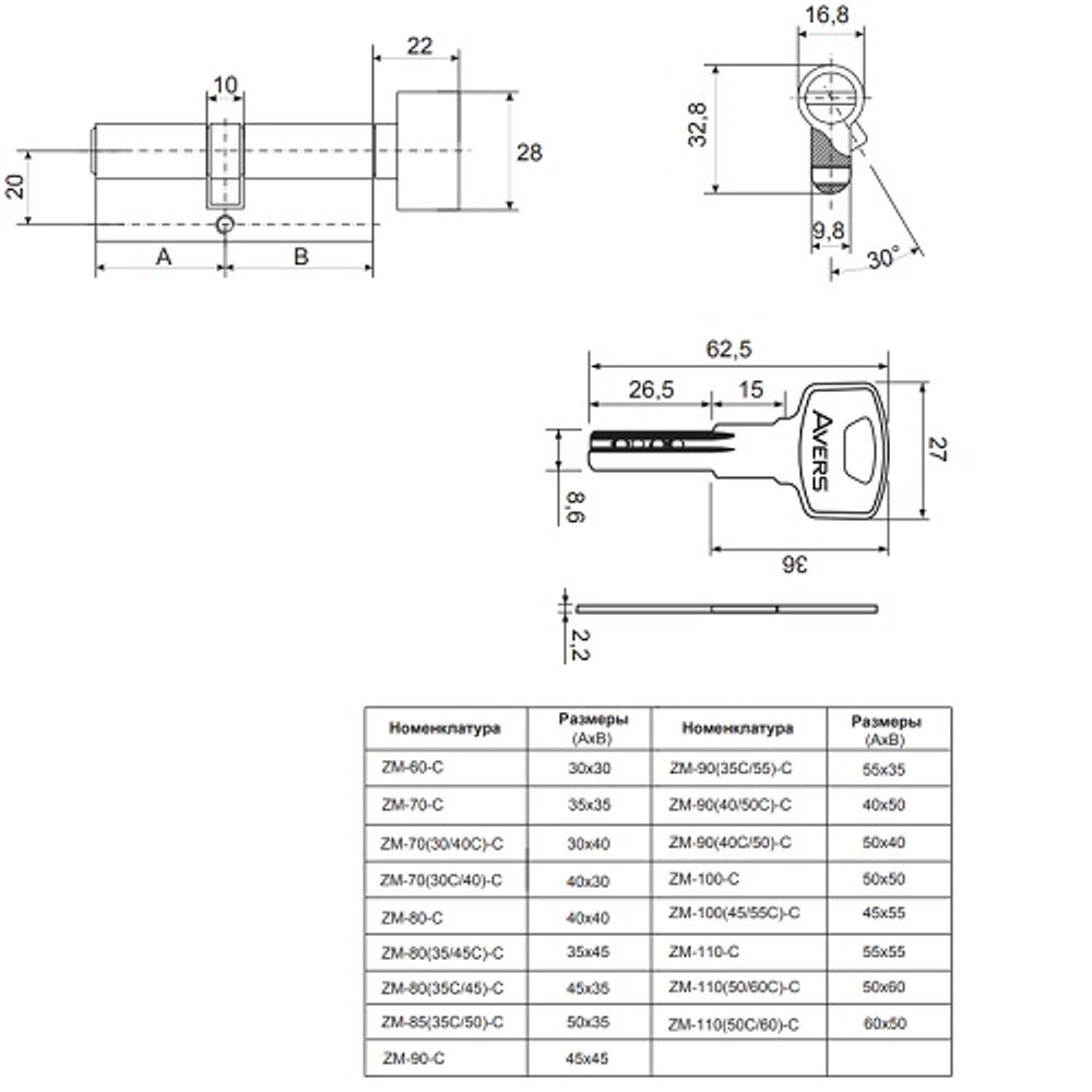 Цилиндровый механизм с вертушкой AVERS ZM-110(50/60C)-C CR хром 5кл.