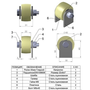 Ролик капролон d-40 гладкий на пластинах