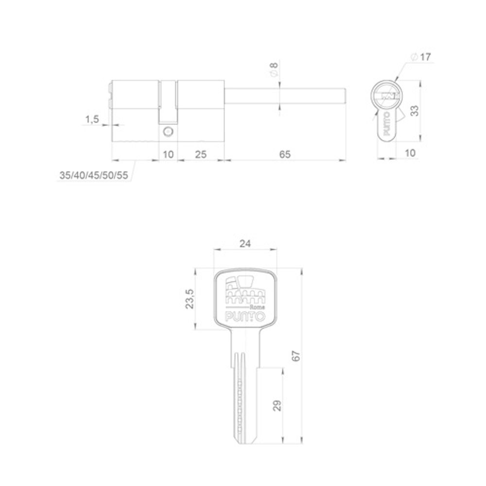 Цилиндровый механизм со штоком PUNTO Z307/75 mm (40+10+25) BL черный 5кл. /63953/