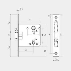 Защелка врезная MSM L47 Эскиз сразмерами
