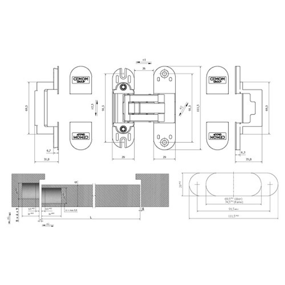 Петля скрытая CEMOM ESTETIC A601 3D матовый хром, для компланарных дверей