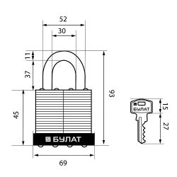 Замок навесной БУЛАТ ВС 0165 стальной 5кл. d11mm