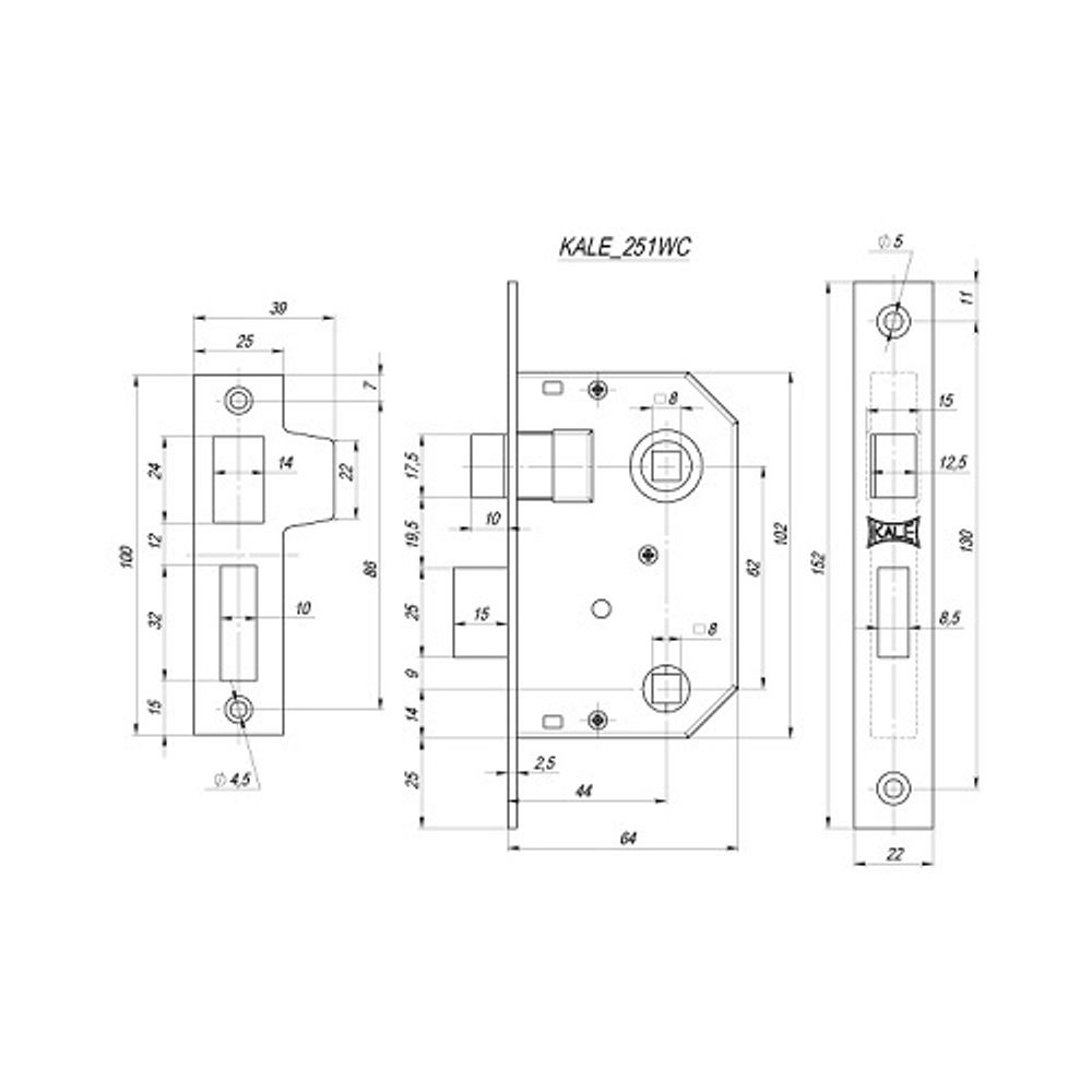 Защелка врезная KALE KILIT 251 WC 44мм никель /1131/