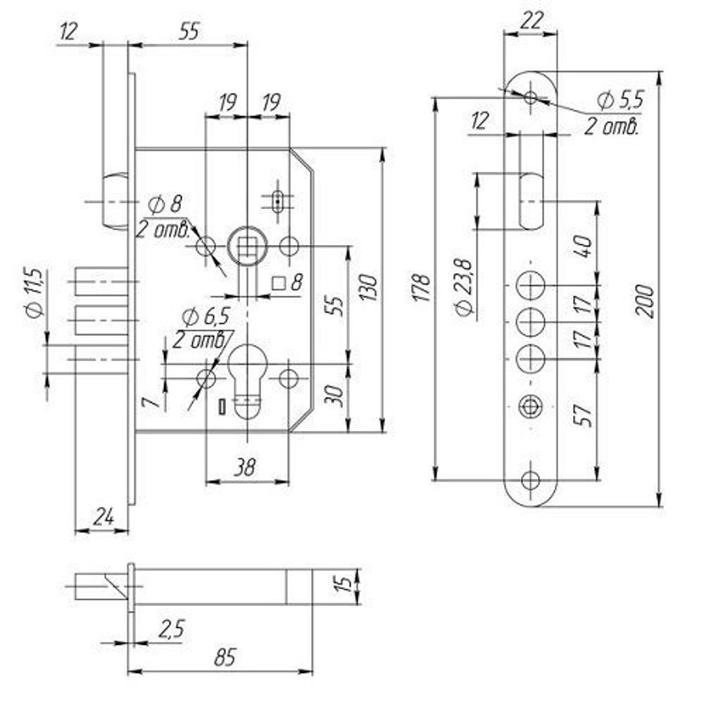 Корпус врезного замка ЗВ4-1