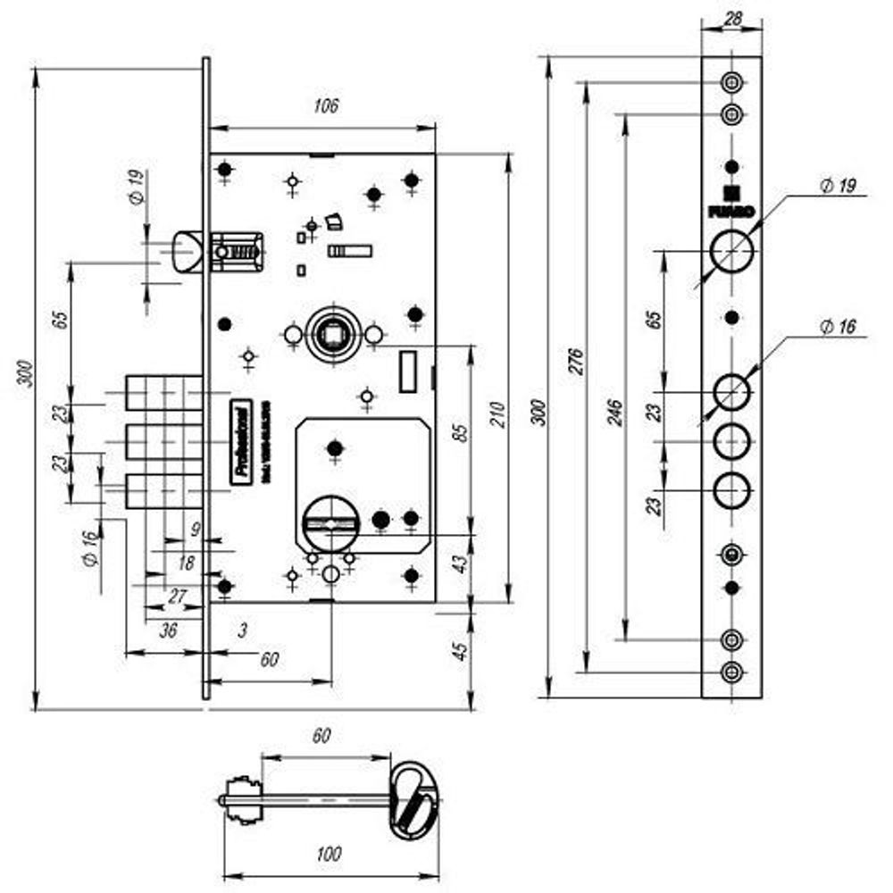 Замок врезной сувальдный с защелкой FUARO V25/S-60.85.3R16 /36245/