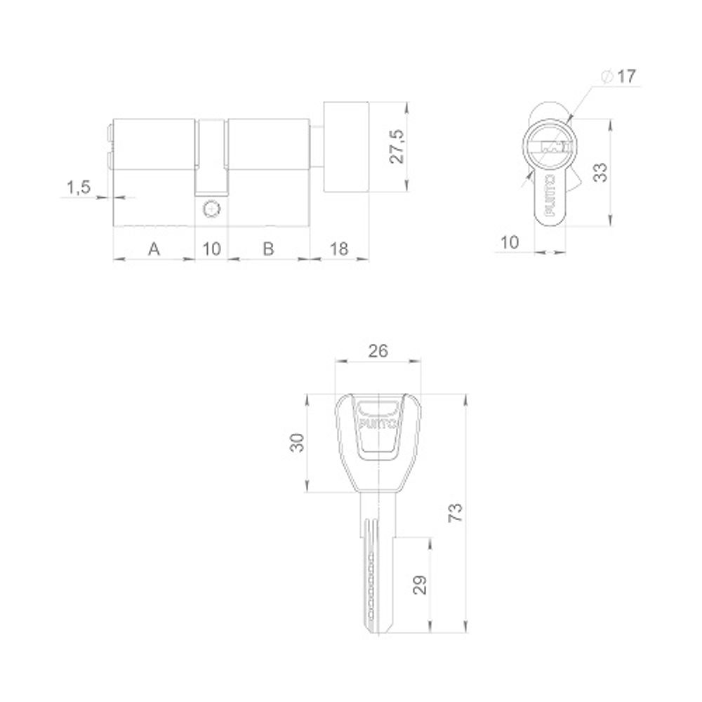 Цилиндровый механизм с вертушкой PUNTO A202/70 mm (30+10+30) SN мат.никель 5 кл. /30235/