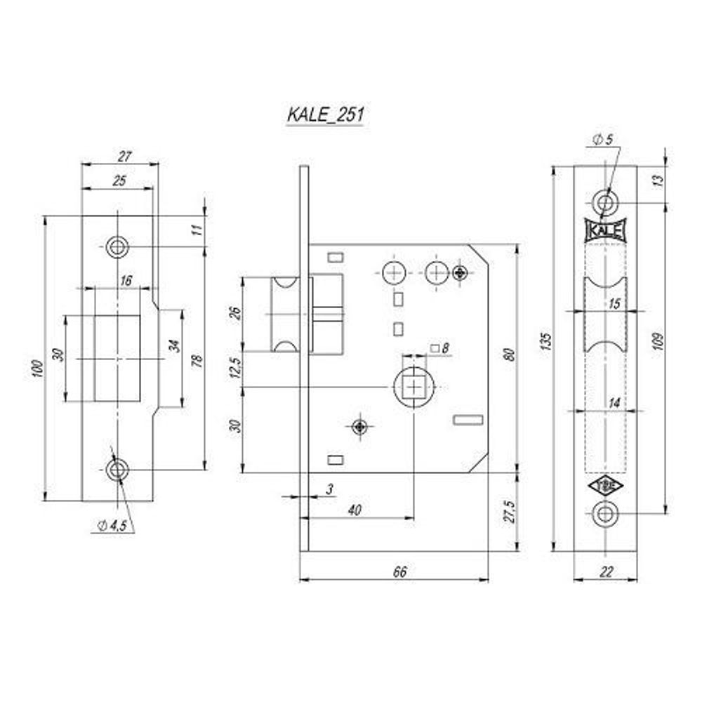 Защелка врезная KALE KILIT 251/R (40мм) латунь /1097/