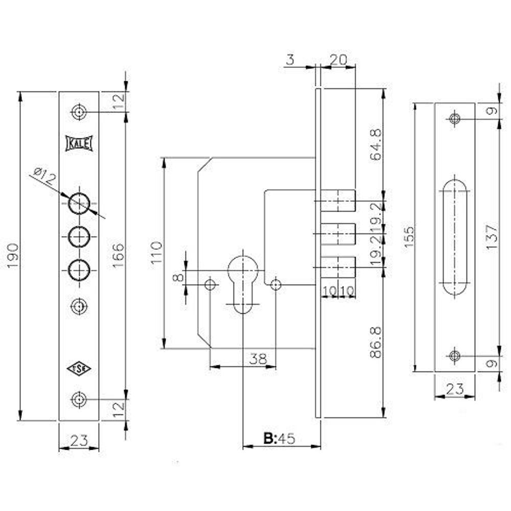 Корпус замка KALE KILIT 189/3M (45мм) w/b латунь /1085/