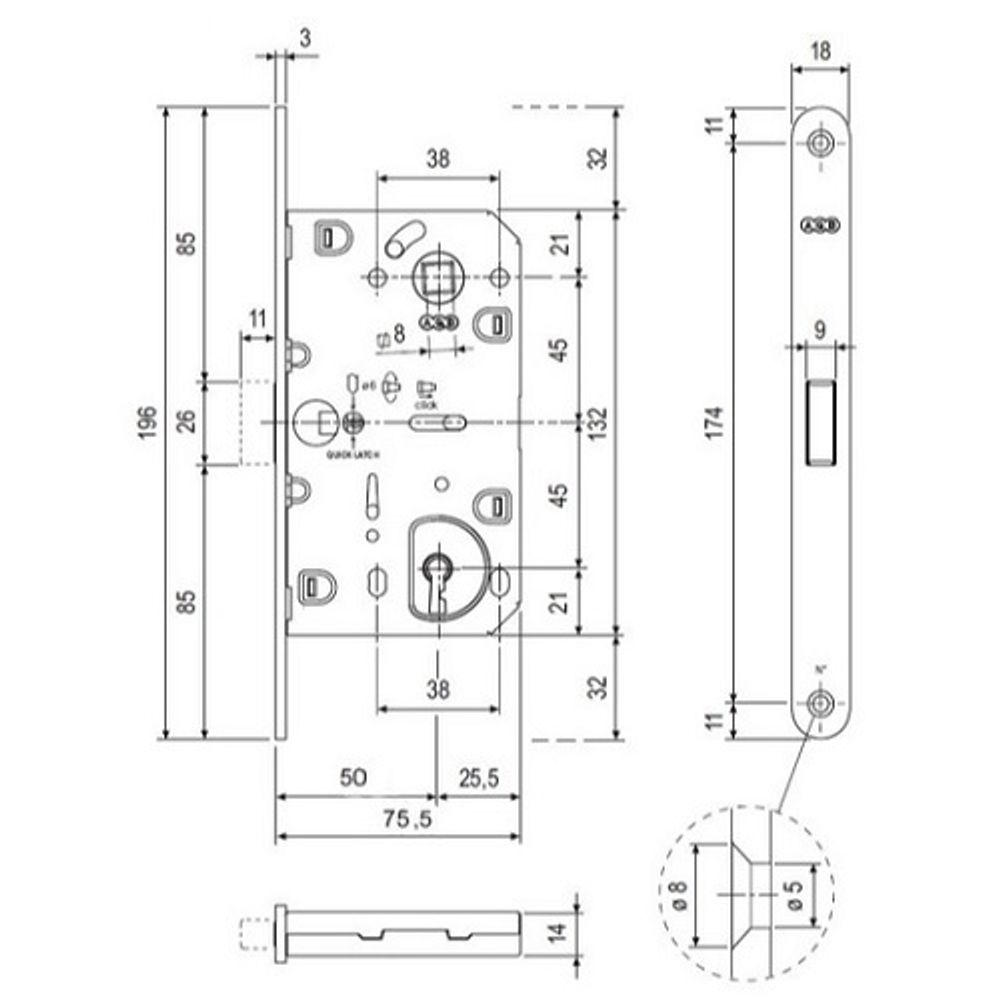 Замок врезной под ключ MEDIANA POLARIS B06101.50.12.640 (антич.бронза) с отв. планкой (скин) /60141/