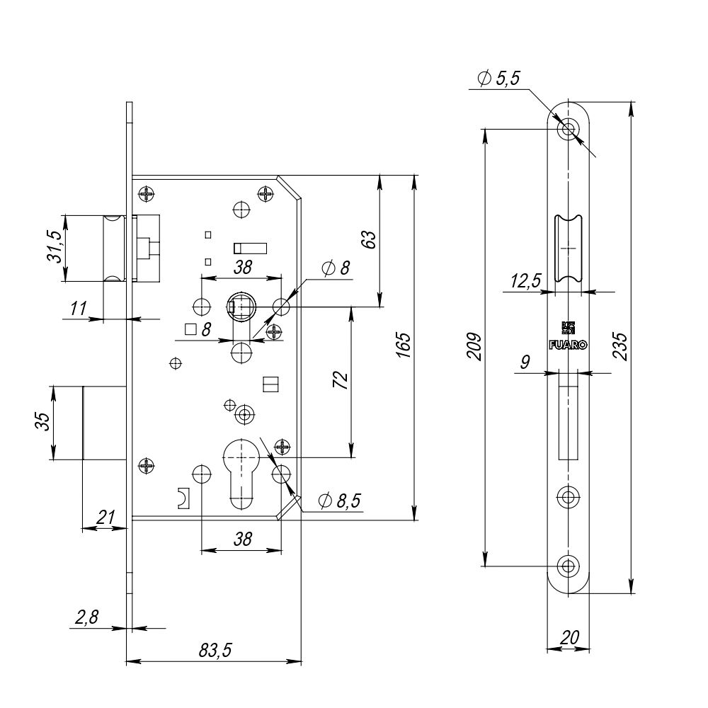 Замок врезной FUARO (INOX) под цилиндр, бексет 55, лицевая 20, м/о 72 мм /45011/