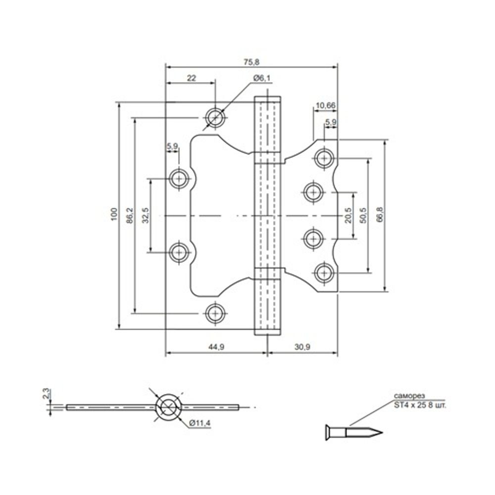 Петля накладная VANGER 100x75x2,3 P2 CRS мат.хром